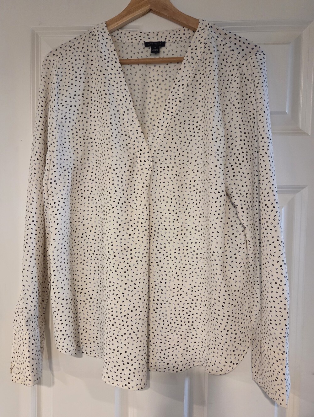 Ann Taylor White Blouse with Black Micro Print